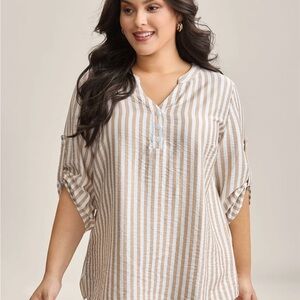 BloomChic PLUS 3X Tan and White Striped Tab Sleeved Notched Collar Blouse